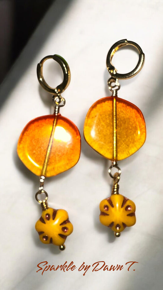 Czech Glass Orange Coin with Light Orange and Rust Flower with gold clasps Earrings - 2 1/4 inches long