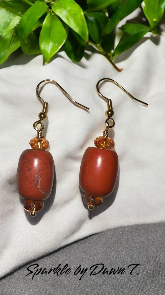 Jasper Tubes and Chili Pepper Czech Glass Earrings with gold earwires - 2 inches long