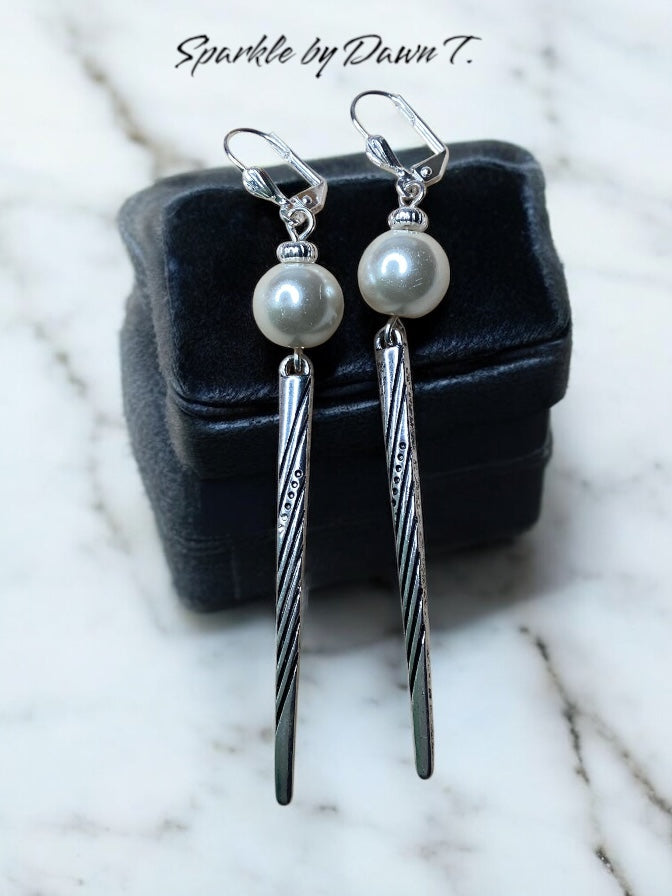 White Glass Pearl with Silver Spear Earrings
