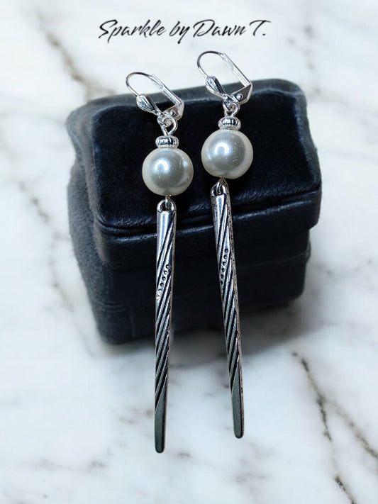 White Glass Pearl with Silver Spear Earrings