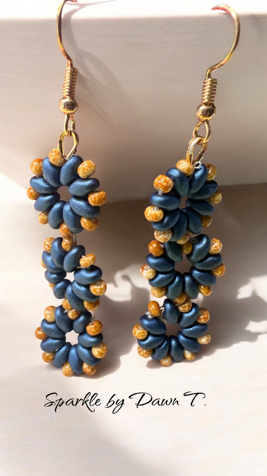 Royal Blue and Golden Seed Bead Flower Earrings