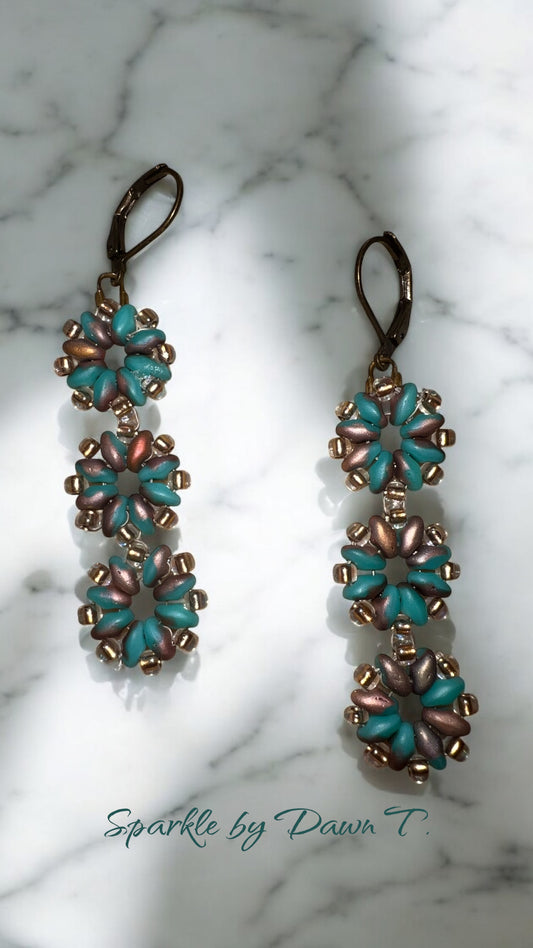Teal and Copper Seed Bead Flower Earrings