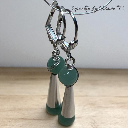 Light Green Jade with Silver Cone Earrings