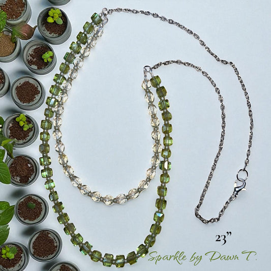 Green Crystal Double-Layer Necklace with Silver Chain - 23 inch