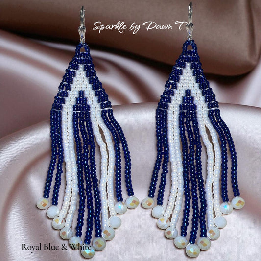 Royal Blue and White Seed Bead Fringe Earrings