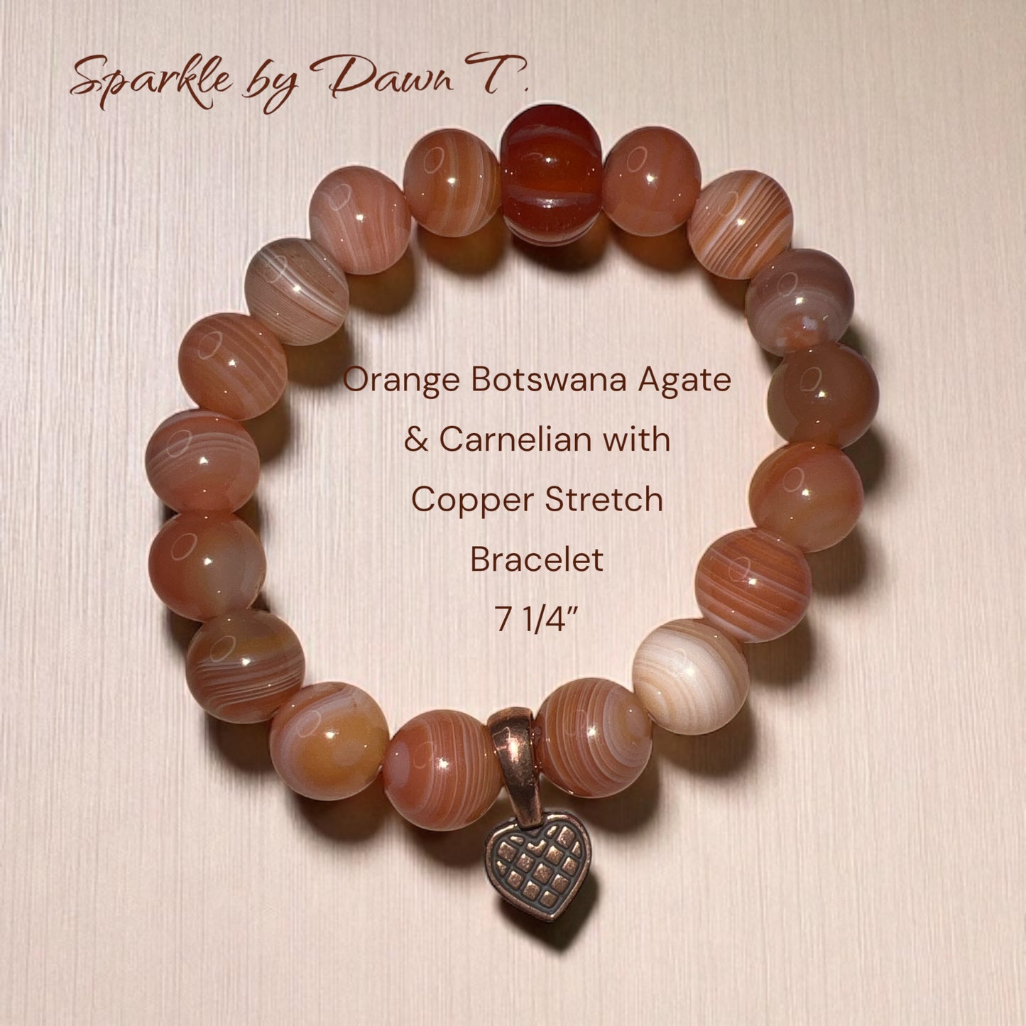 Orange Botswana Agate & Carenlian with Copper focal Stretch Bracelet