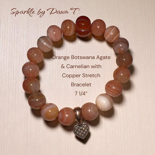 Orange Botswana Agate & Carenlian with Copper focal Stretch Bracelet