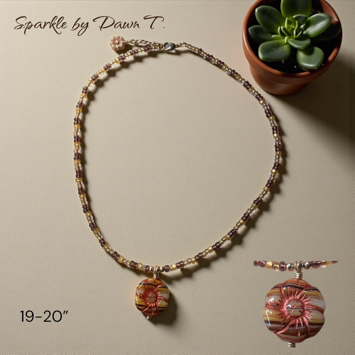 Brown, Gold, Peach Beaded Necklace with Sun/Flower Pendant
