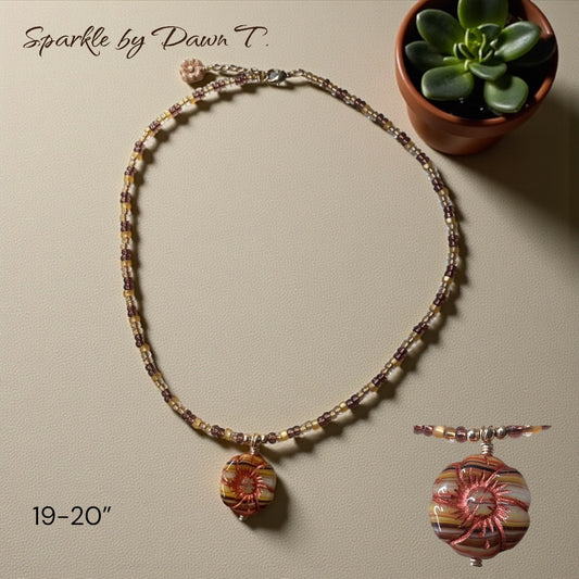 Brown, Gold, Peach Beaded Necklace with Sun/Flower Pendant