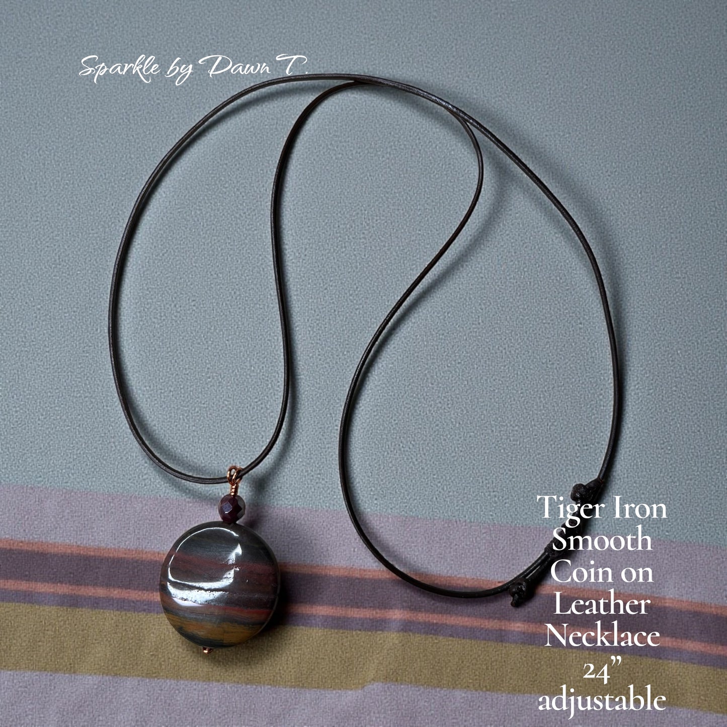 Brown, Rust, Copper Round Tiger Iron Smooth Coin Pendant on Leather Adjustable Rope