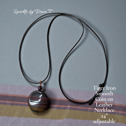 Brown, Rust, Copper Round Tiger Iron Smooth Coin Pendant on Leather Adjustable Rope