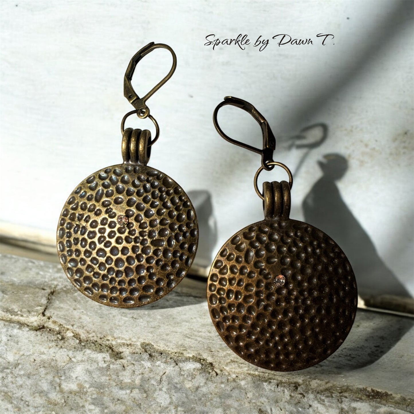 Brass Indented Round Earrings with crystal - pairs well with SBDT1353