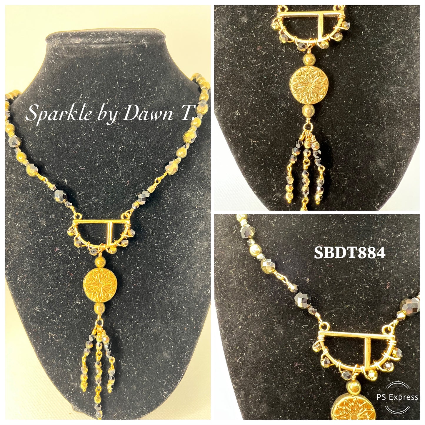 Black and Gold Crystal Necklace with Long Focal