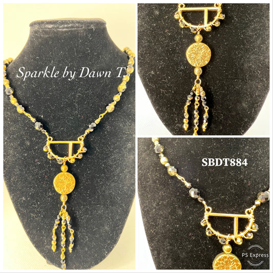 Black and Gold Crystal Necklace with Long Focal