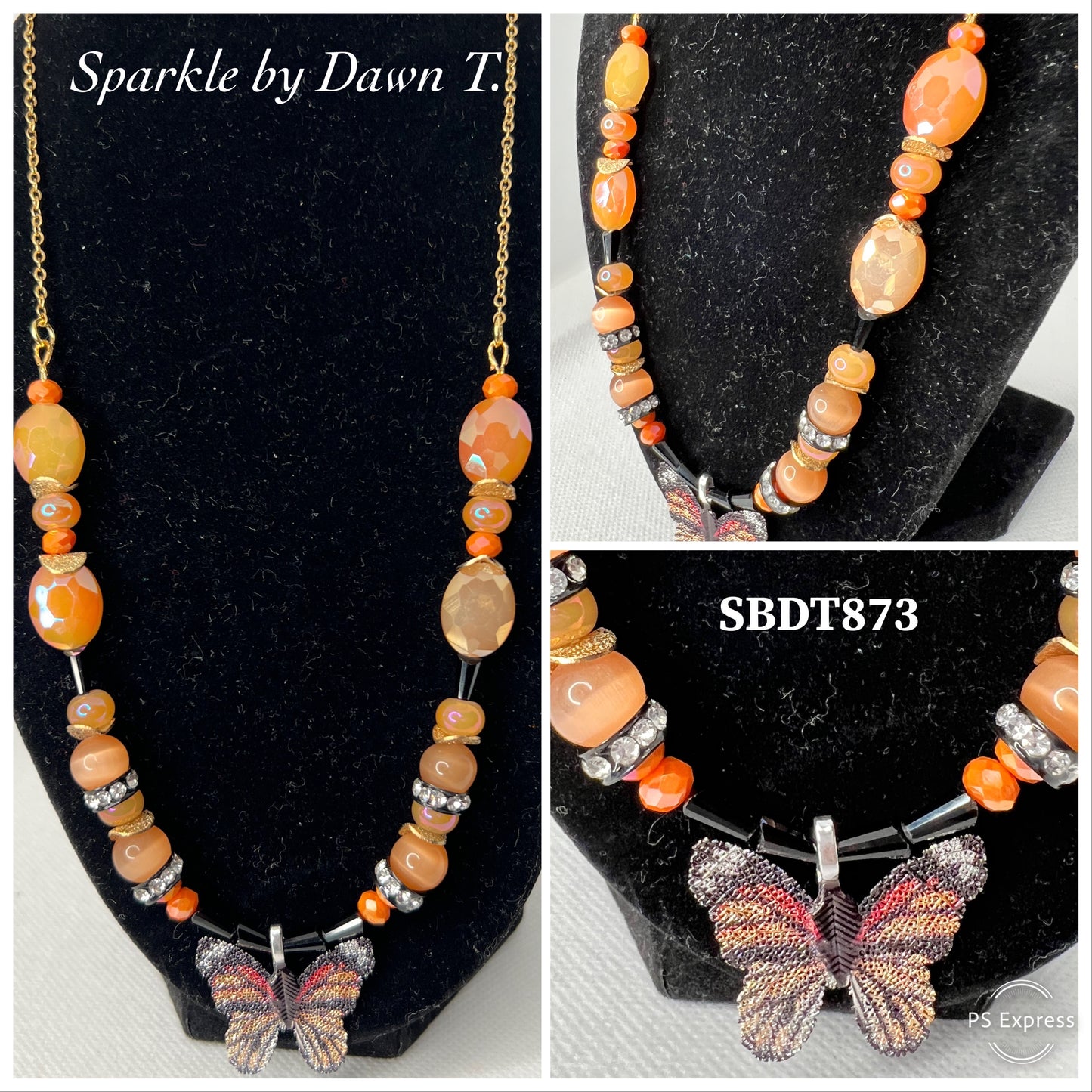 Fall Butterfly and Crystal Necklace - Peach, Orange, Black, Gold, Silver