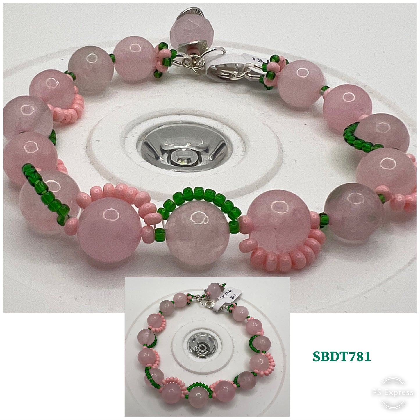 Pink Quartz with Pink Chalk and Green Glass Seed Bead