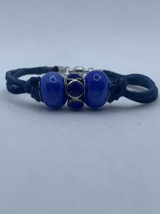 Blue Suede with Duke Blue Beads Bracelet with magnetic clasp