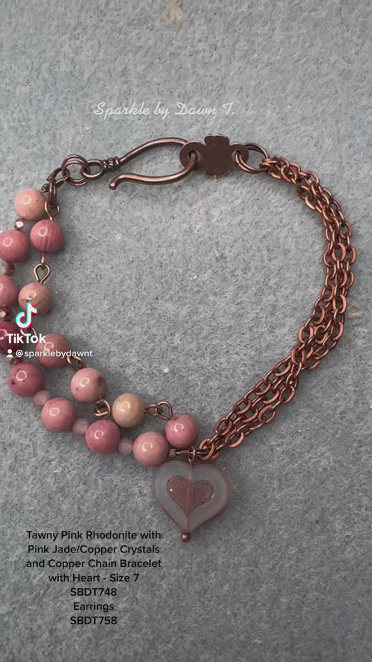 Copper and Tawny Pink Rhodonite and Pink_Jade Crystal dangle Earrings and Tawny Pink Rhodonite with Pink_Jade_Copper Crystals and Copper Chain and bracelet with heart Size 7