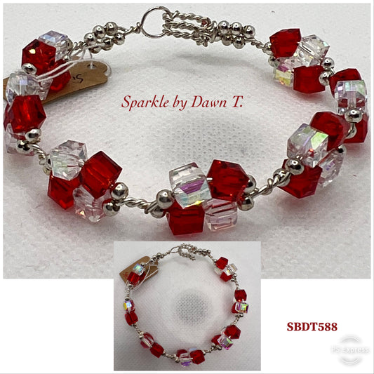 Red and Clear Crystal Cubed Bracelet with Silver