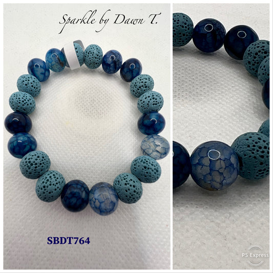 Carolina Blue Lava Beads with Blue Crackle Agate Beaded Stretch Bracelet