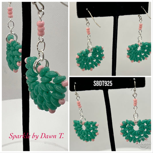 Pale Pink and Green Fan Earrings with silver