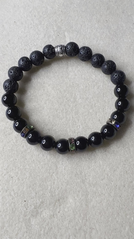 Black Lava Beads with Black Beaded and Multicolored Rondells Stretch Bracelet