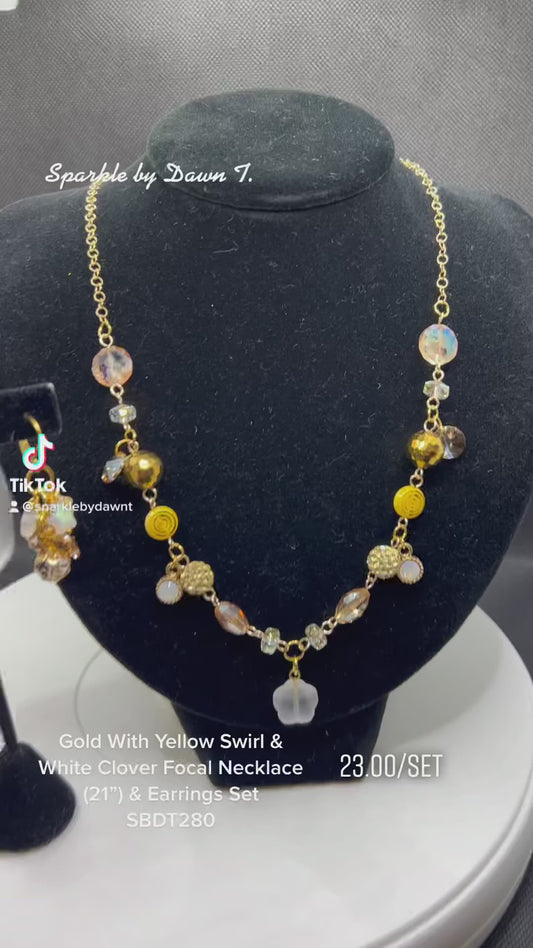 Gold with yellow swirl and white clover focal necklace 21in and earrings