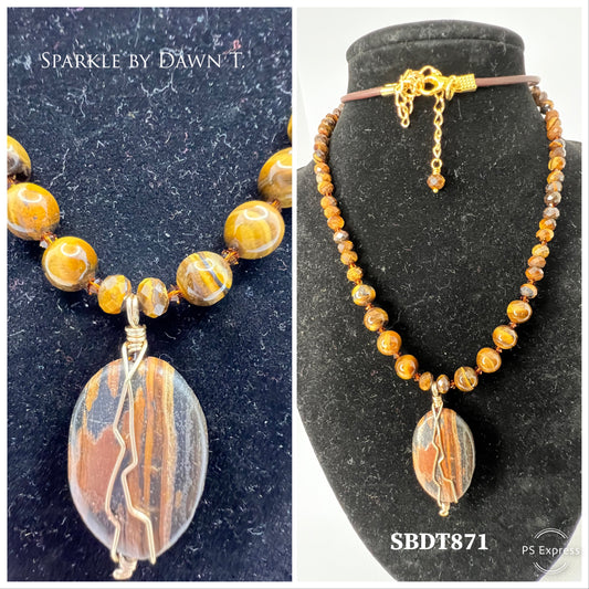 Tiger Eye Amber Crystals and Zebra Jasper Pendant with Leather Necklace