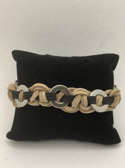 Tan and Black Silver Braided Suede Bracelet