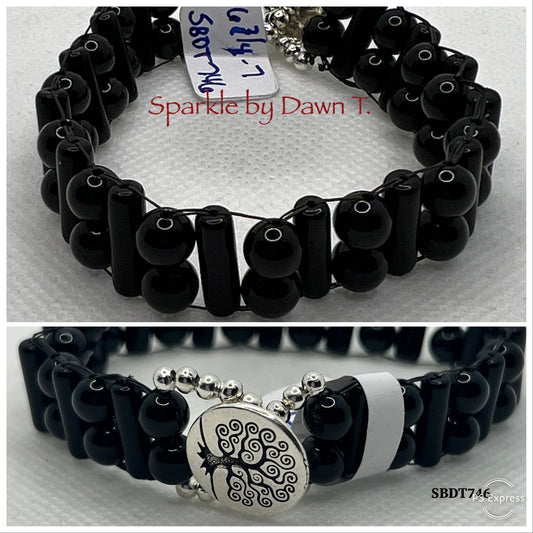 Black Ladder Stitch with Tree of Life Button Closure Bracelet