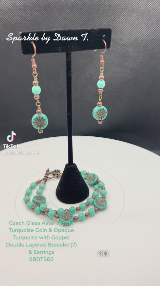 Czech Glass Aster Flower Coin Turquoise and Opaque Turquoise with copper beads Double-Layered Bracelet 7 and Earrings