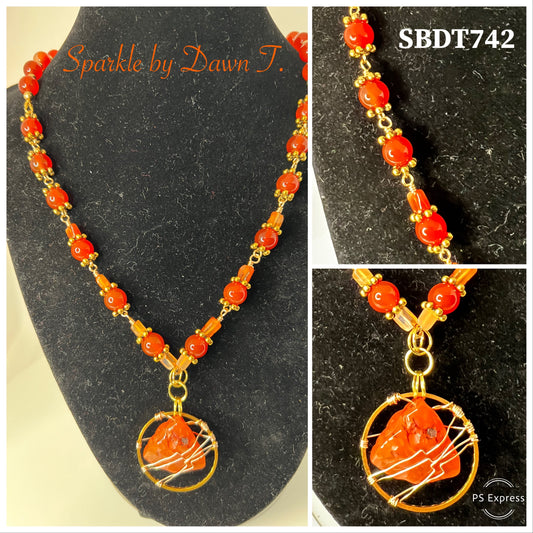 Carnelian and Gold Necklace with Wrapped Carnelian Stone