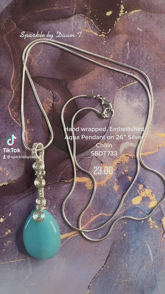 Handmade Wrapped Aqua Blue Pendant on silver chain