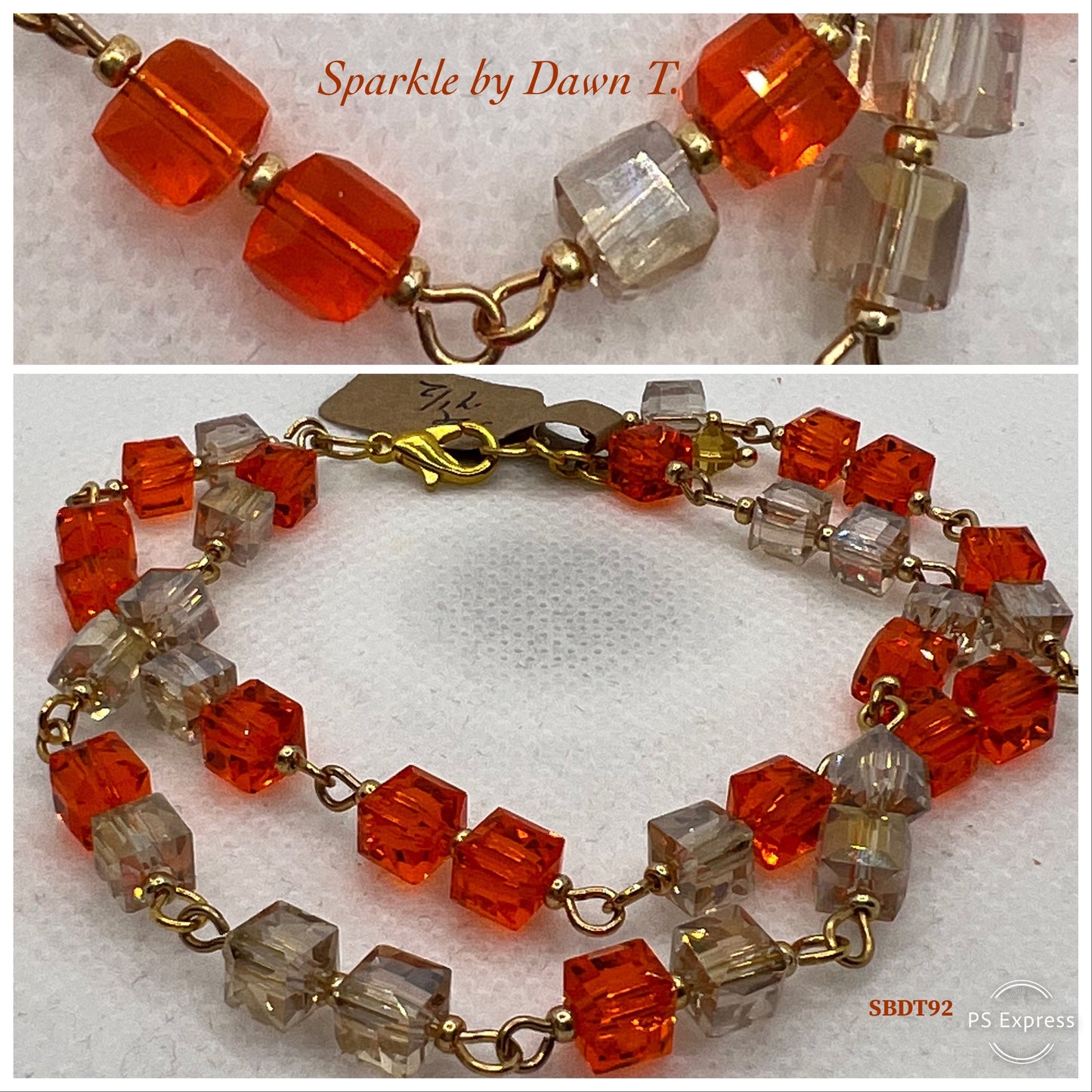 Orange, Champaign and Gold Glass Cubed Double-layered Bracelet