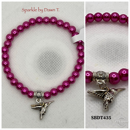 Fuchsia Pink Pearl Stretch Bracelet with hummingbird