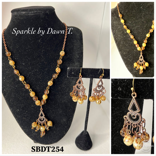 Chandelier Focal Necklace with Speckled Brown/Tan Beads and earrings