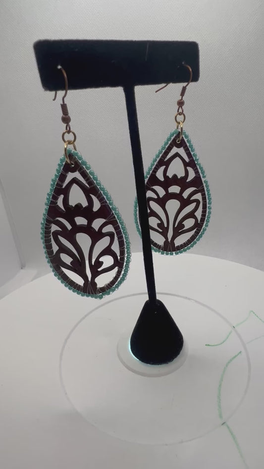 Brown Wood Leaf with Aquamarine Earrings