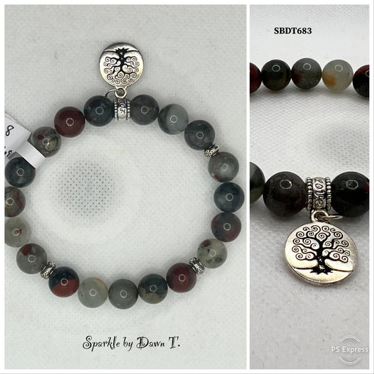 African Bloodstone with Tree of Life Pendant Stretch Bracelet