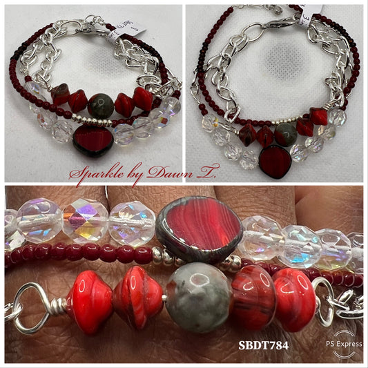 Saturn Red Rock, Silky Red Picasso and Clear Crystals 3 in 1 bracelet with silver chain