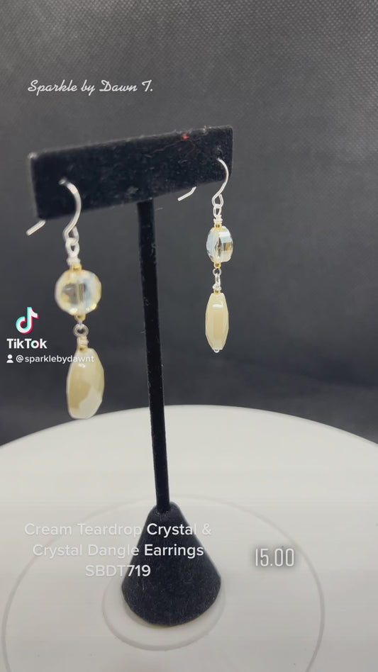 Cream Teardrop Crystal and Clear Crystal Earrings