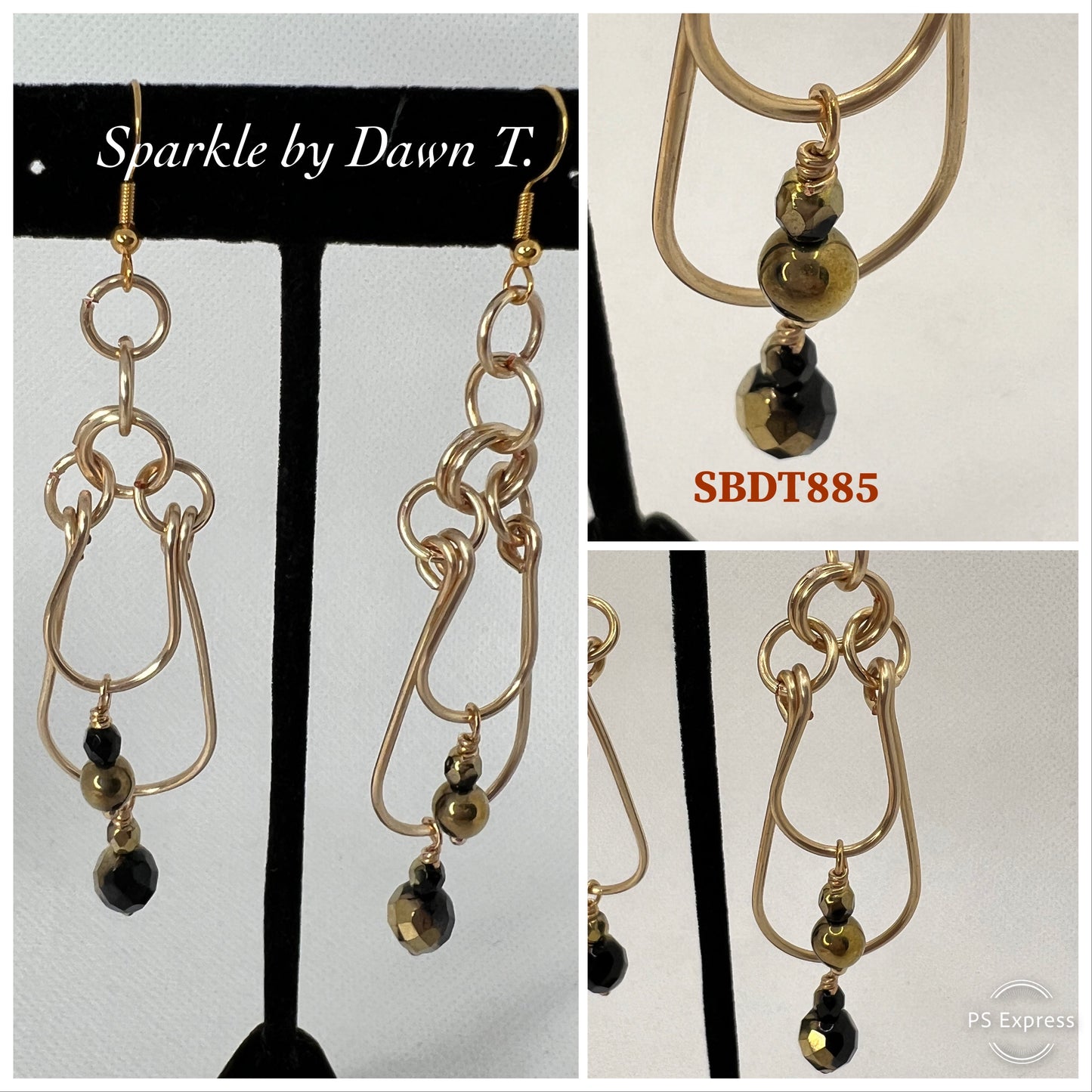 Black and Gold Crystal Long Layered Dangle Earrings.