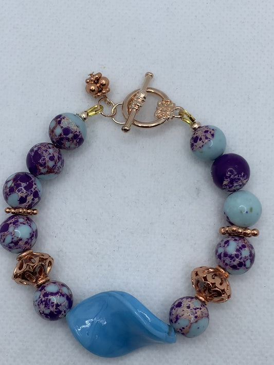 Purple Blue Imperial Jasper and Rose Gold and Turquoise focal Bracelet