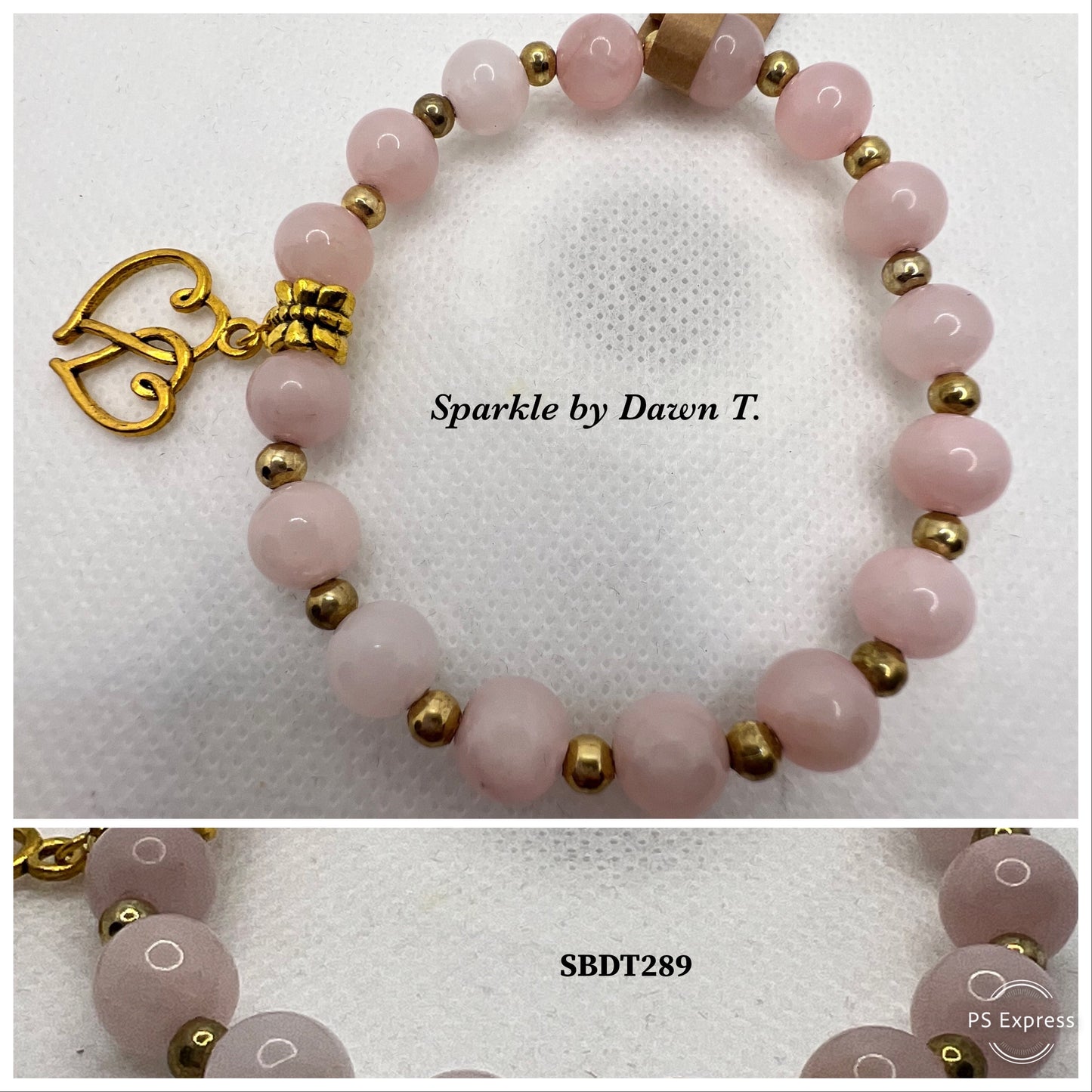 Pink Quartz stretch  bracelet with gold double heart