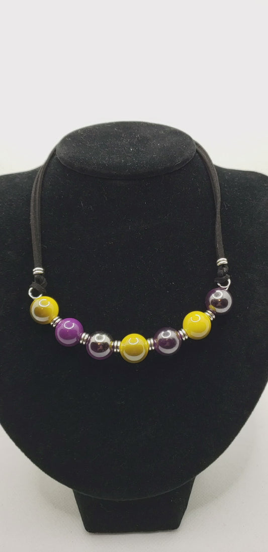 Purple and Yellow Large Beaded Choker Suede