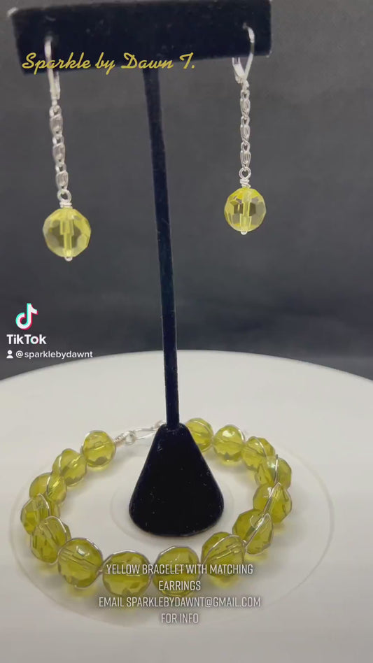 Yellow large glass beads with silver wrap bracelet and chain earrings