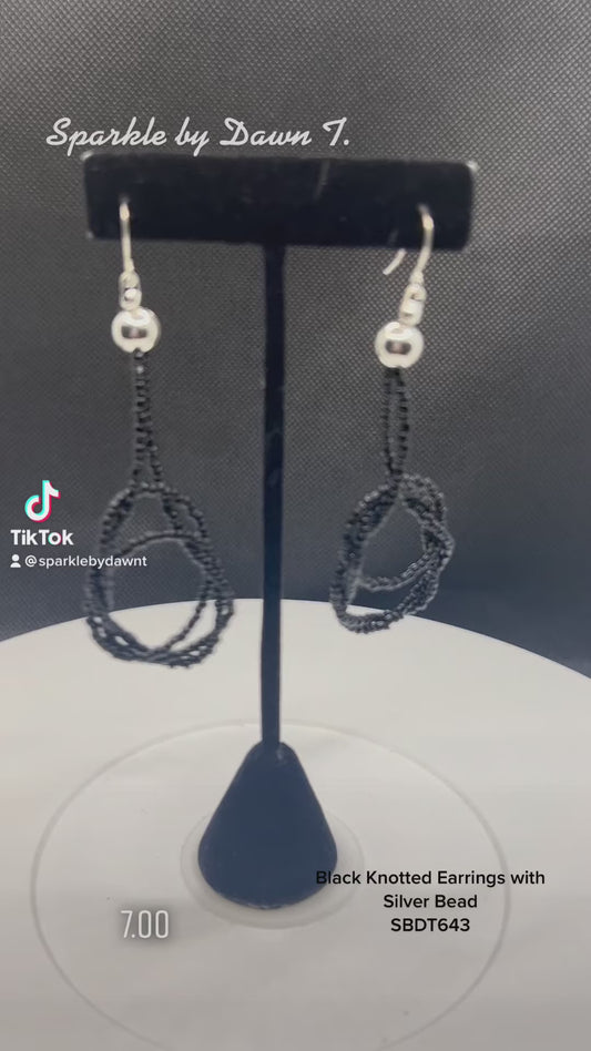 Black Knotted Earrings with Silver Bead