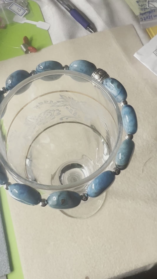 Larimar Blue Crazy Lace Puff Coin Bracelet with silver tiny beads Stretch Bracelet