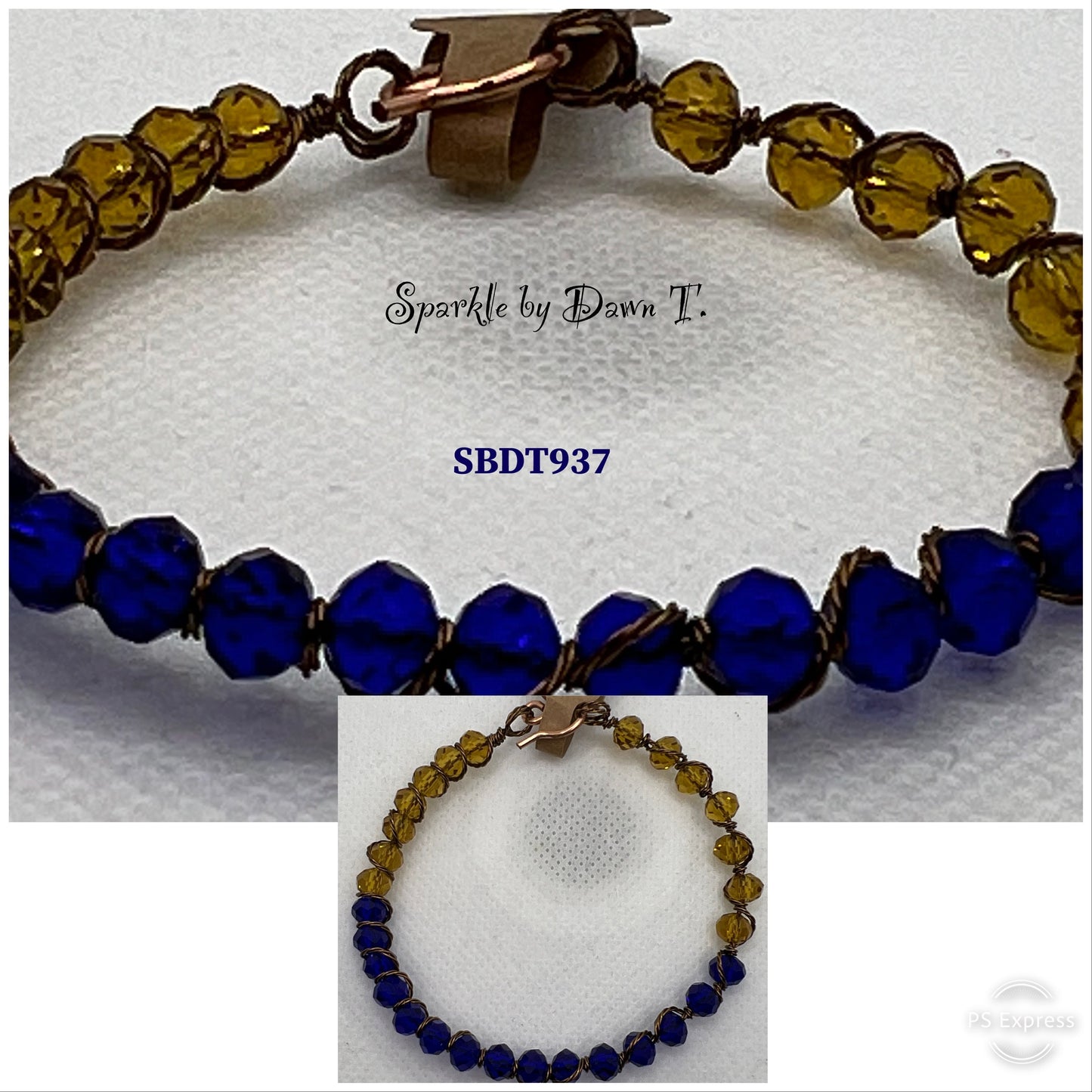 Dark Royal Blue and Amber Crystal Wrapped Bracelet