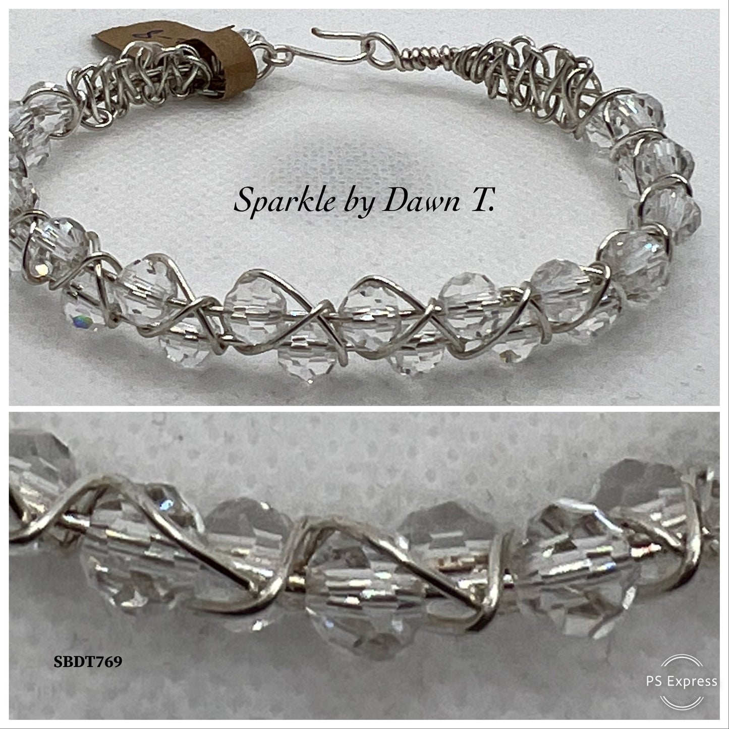 Double-Layered Wrapped_Woven Crystal Bangle with silver hook clasp