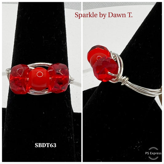 Scarlett Bright Red 3-Bead Czech Glass and Silver Ring